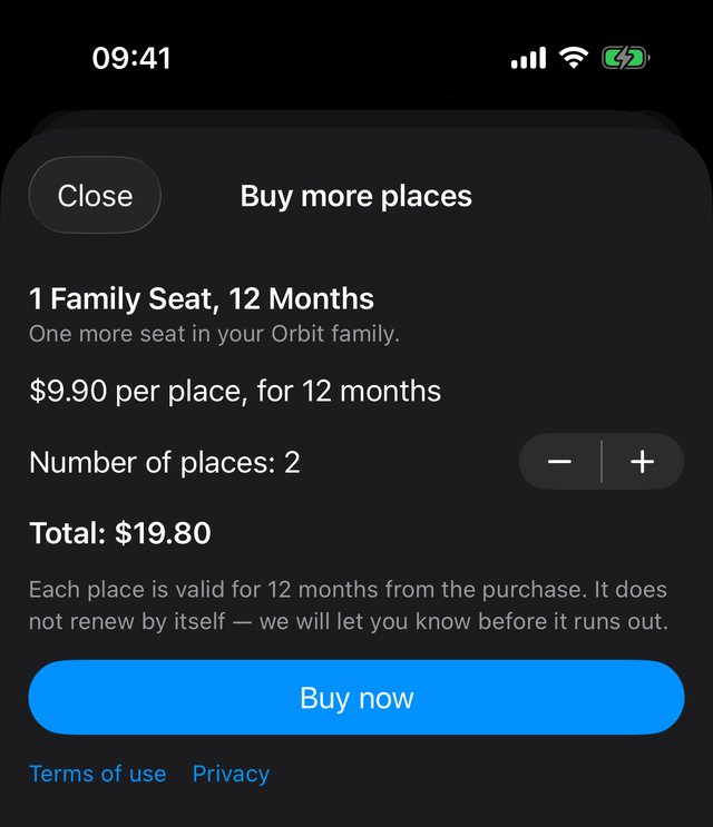 The purchase sheet on the iPhone: “1 Family Seat, 12 Months”, $9.90 per place, number of places 2, total $19.80, the button “Buy now”.