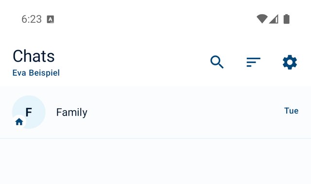 The list of conversations: at the top the family room with the small house on its picture.