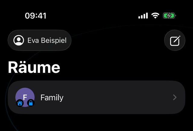 Die Raumliste auf dem iPhone: der Raum „Family“ mit dem kleinen Haus am Bild.