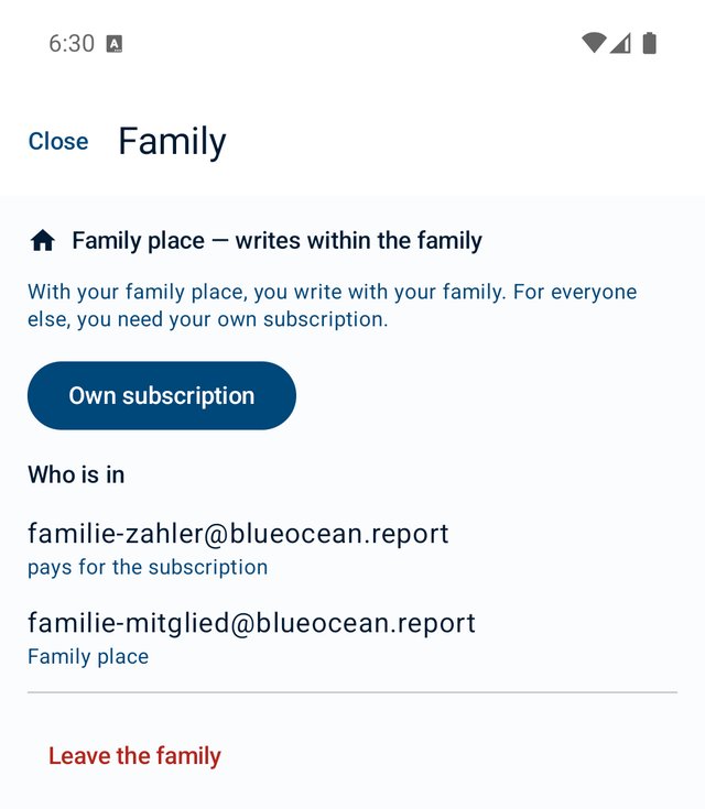 The Family page with a family place: “Family place — writes within the family”, the button “Own subscription”, who is in, and at the bottom “Leave the family”.