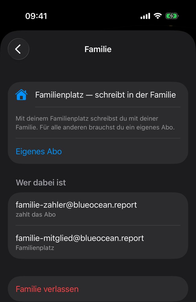 Die Seite Familie mit einem Familienplatz auf dem iPhone: „Familienplatz — schreibt in der Familie“, „Eigenes Abo“, wer dabei ist, „Familie verlassen“.