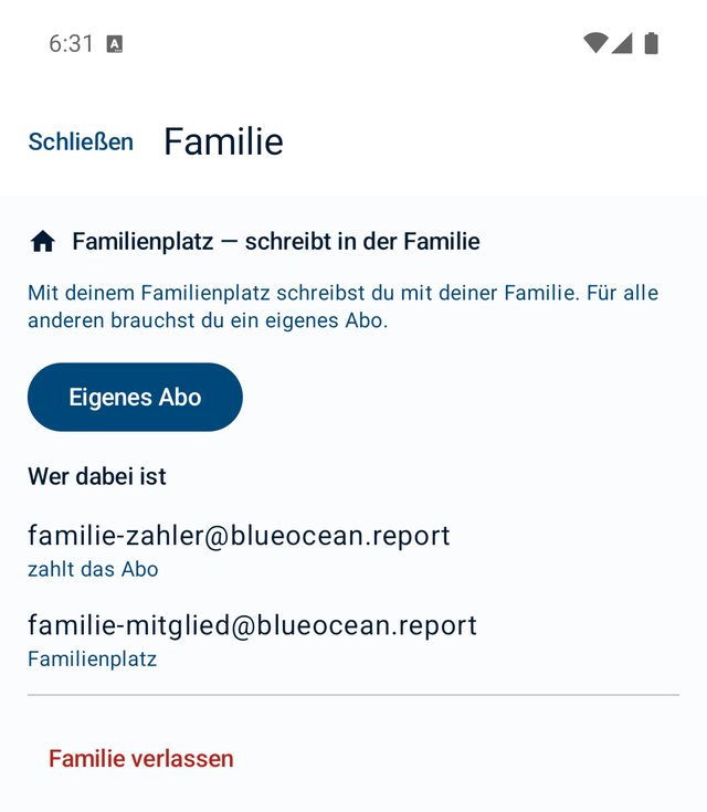 Die Seite Familie mit einem Familienplatz: „Familienplatz — schreibt in der Familie“, der Knopf „Eigenes Abo“, wer dabei ist, und unten „Familie verlassen“.