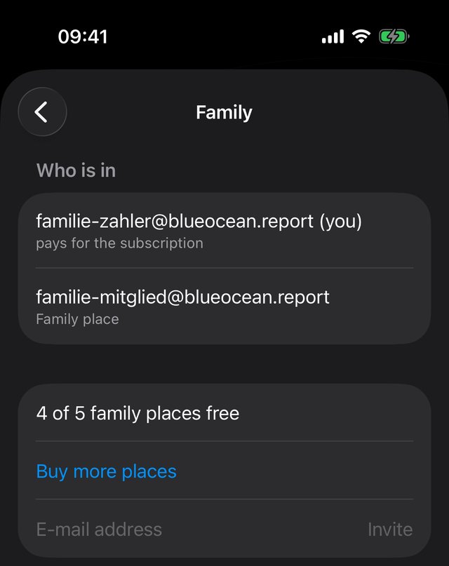The Family page of the person who pays, on the iPhone: Who is in, “4 of 5 family places free”, the button “Buy more places” and the field to invite.