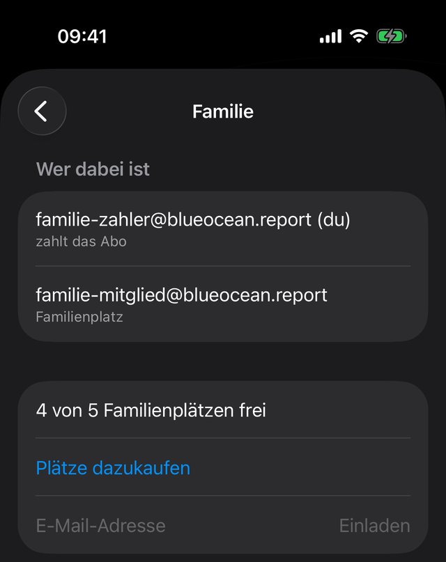 Die Seite Familie beim Zahler auf dem iPhone: Wer dabei ist, „4 von 5 Familienplätzen frei“, der Knopf „Plätze dazukaufen“ und das Feld zum Einladen.