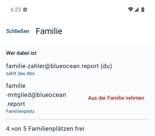 Die Seite Familie beim Zahler: Wer dabei ist — die eigene Adresse mit „zahlt das Abo“, darunter ein Familienplatz mit dem Knopf „Aus der Familie nehmen“; darunter „4 von 5 Familienplätzen frei“.