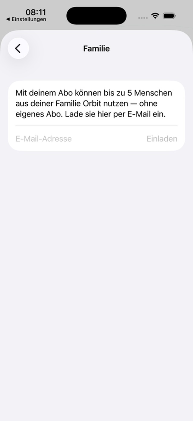 Die Seite Familie: bis zu 5 Menschen per E-Mail einladen.