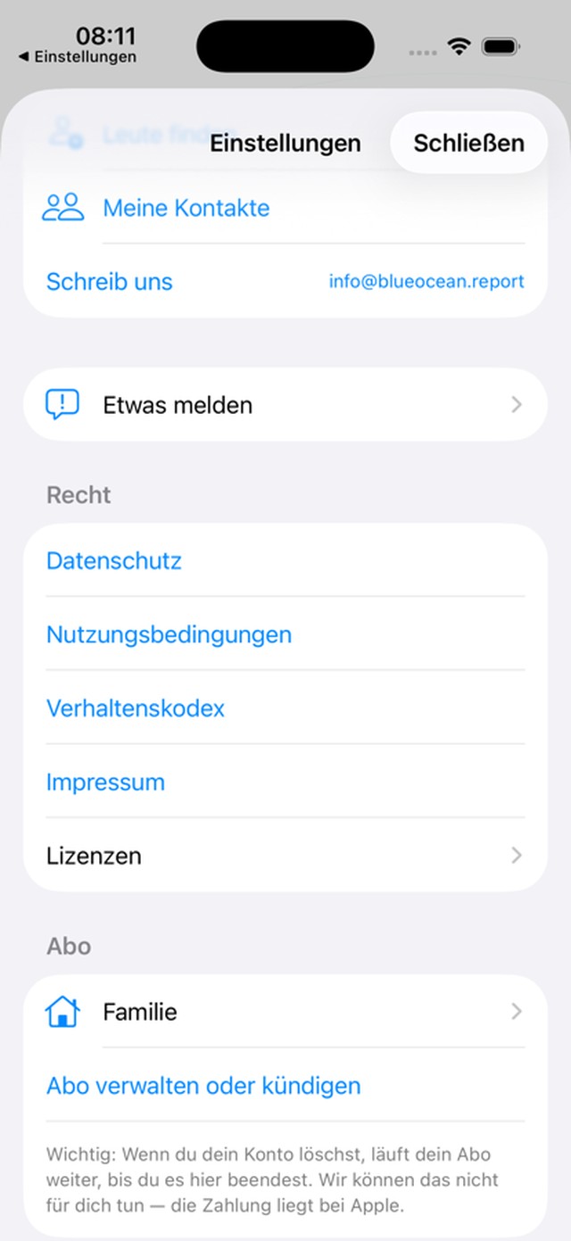 Einstellungen der iPhone-App mit dem Eintrag Familie im Abschnitt Abo.