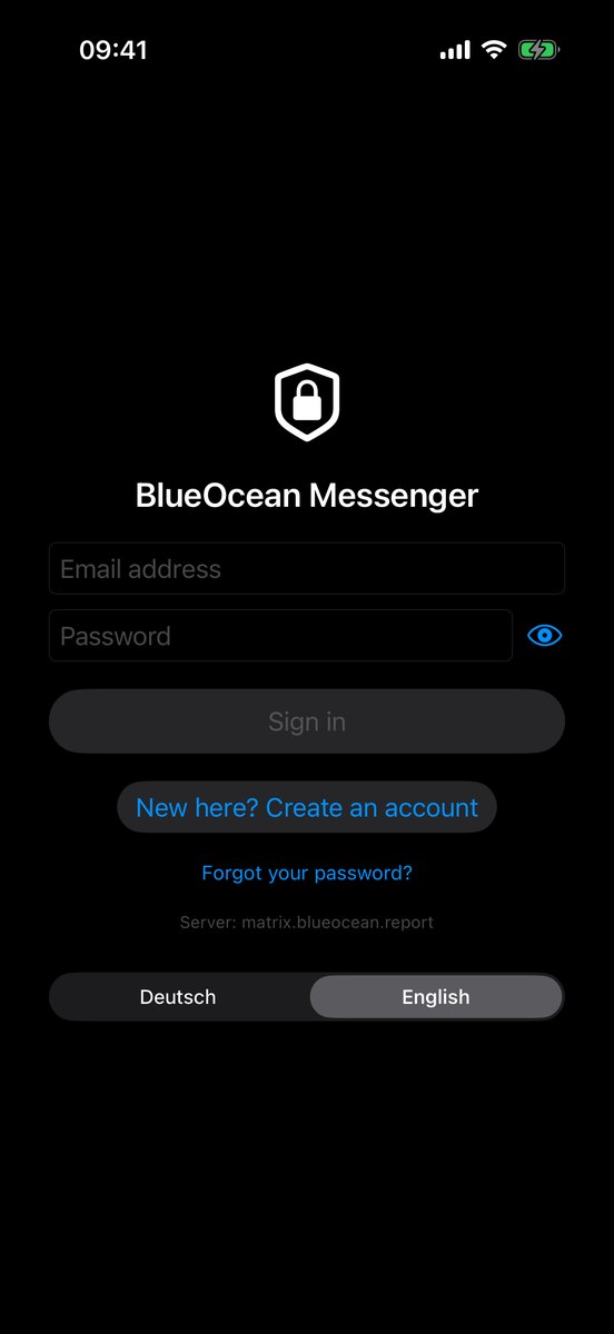 The app's sign-in screen: email address, password, the Sign In button, and below it Create an account.