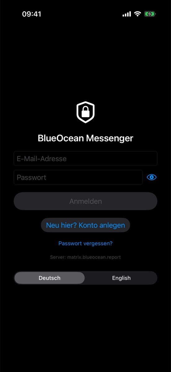 Der Anmeldebildschirm der App: E-Mail-Adresse, Passwort, der Knopf „Anmelden